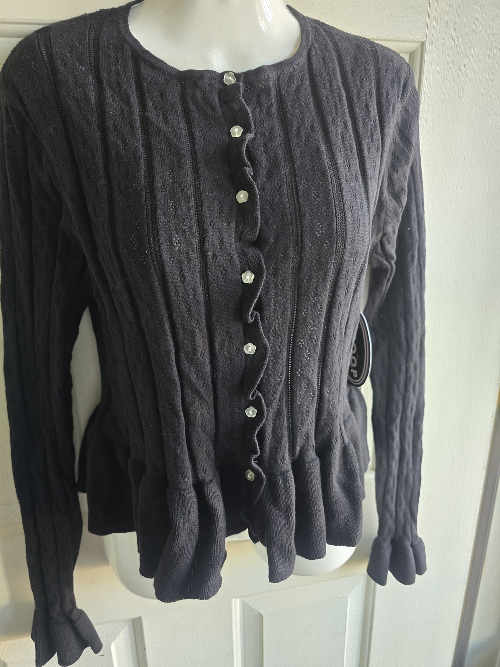 Women’s Black Ruffle-Trim Button Cardigan Sweater